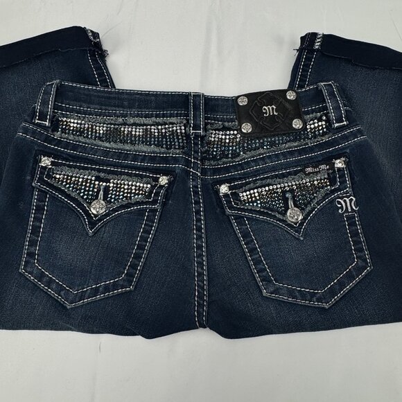 Miss Me Signature Rise Boot Jean 'Cut-Off' Denim Shorts Bling Pockets Size 29 - Picture 6 of 11